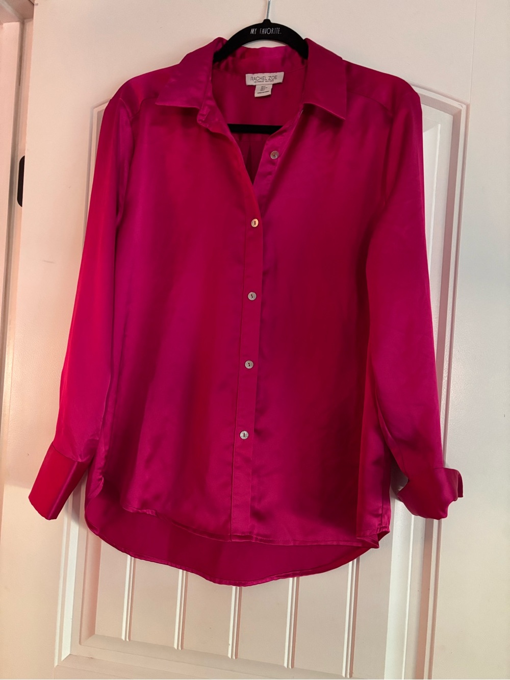Rachel Zoe Fuchsia Satin Button Front Blouse Women’s Large Long Sleeve